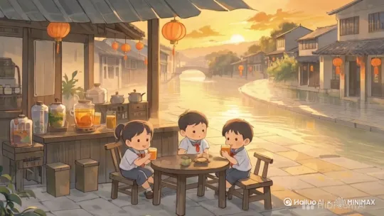三个小学生坐在茶摊的圆桌前的椅子上喝茶，太阳在远处缓缓落下，湖面上金光照耀，波光粼粼 by Hailuo AI Video Generator