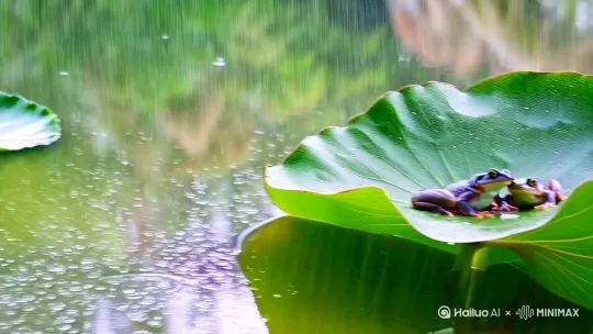 夏天的荷塘里，大雨，一只母青蛙一只公青蛙中间夹着一只小青蛙，在荷叶下躲雨，荷叶有雨滑下 by Hailuo AI Video Generator