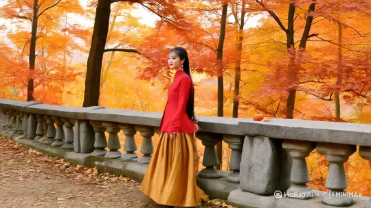 秋·枫火登高**  
**核心意象**：红叶题诗/茱萸映酒/雁阵掠鬓  
**场景**：山间枫林如火，石亭案上置蟹眼茶汤与柿果  
**造型**：明制枫叶红竖领长袄+琥珀色马面裙，佩重阳茱萸禁步  
**分镜设计**：  
- **0-3秒（全景）**：轻浮穿越枫林跟拍登山背影，裙摆扫起落叶  
- **4-6秒（中景）**：倚栏远眺时忽接住飘落枫叶，指尖蘸茶写诗  
- **7-8秒（特写）**：一杯清茶汽烟朦胧眼眸，睫毛沾细碎水珠  
- **9-10秒（远景）**：鸟儿掠过将诗句投影云层，水墨特效晕染天空  

--- by Hailuo AI Video Generator