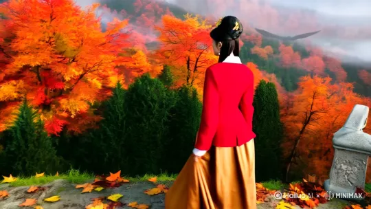 秋·枫火登高**  
**核心意象**：红叶题诗/茱萸映酒/雁阵掠鬓  
**场景**：山间枫林如火，石亭案上置蟹眼茶汤与柿果  
**造型**：明制枫叶红竖领长袄+琥珀色马面裙，佩重阳茱萸禁步  
**分镜设计**：  
- **0-3秒（全景）**：轻浮穿越枫林跟拍登山背影，裙摆扫起落叶  
- **4-6秒（中景）**：倚栏远眺时忽接住飘落枫叶，指尖蘸茶写诗  
- **7-8秒（特写）**：一杯清茶烟朦胧眼眸，睫毛沾细碎水珠  
- **9-10秒（远景）**：鸟儿掠过将诗句投影云层，水墨特效晕染天空  

--- by Hailuo AI Video Generator