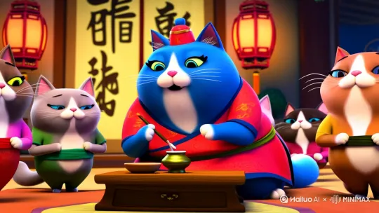 一只蓝色的可爱的胖猫穿着中国古代的衣服，在和另外的可爱胖猫们在喝酒作诗，蓝色的可爱胖猫很开心的笑了，手舞足蹈地 by Hailuo AI Video Generator