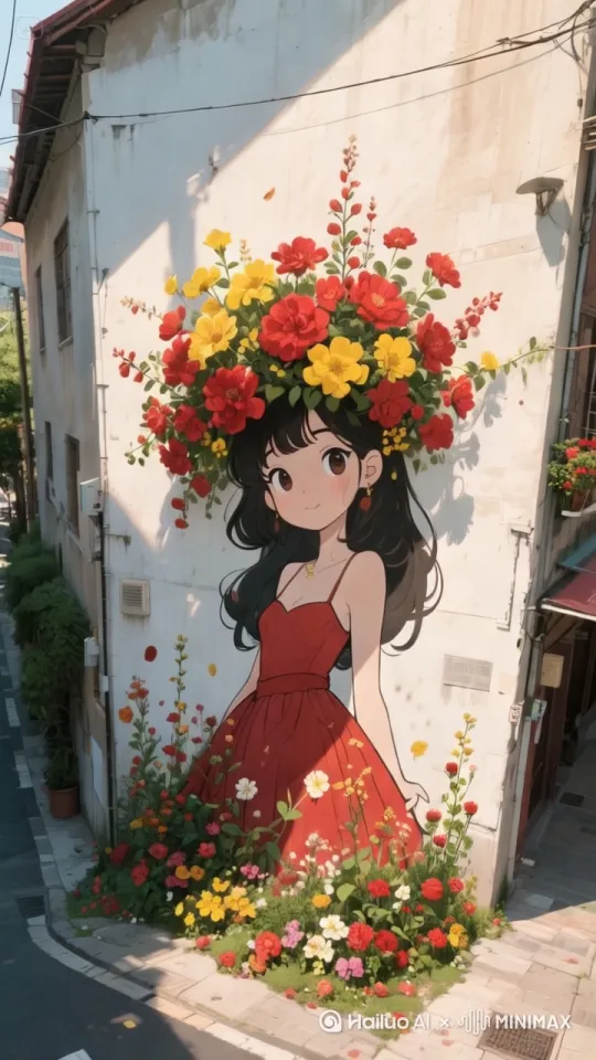 人物固定不动，花朵随风飘扬，镜头推进 by Hailuo AI Video Generator