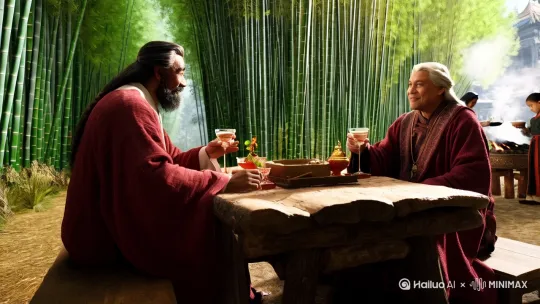 两个高逸的古代奇人，在竹林里把酒言欢。旁边有书童煮茶。远处隐隐约约有琼楼玉宇。 by Hailuo AI Video Generator