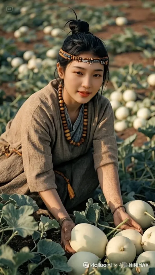 [固定镜头]女人开心的说话，双手抚摸着瓜。 by Hailuo AI Video Generator
