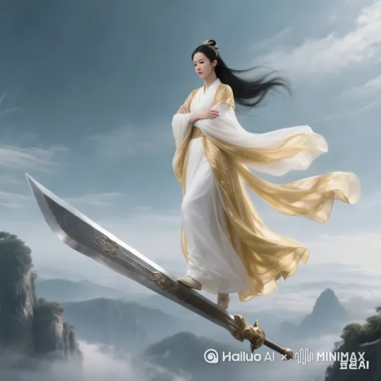 近景,特写。人物面部特写,仙侠美女,容貌极其美丽,像是刘亦菲,眼睛看着前方,若有所思,张开双臂,迎着风。身穿红金色长袍的美丽女性修真者,长袍夸张地飘荡,黑色长发飘扬,美丽,人侧身站立在高空中,双脚下踩着一柄巨大无比的长剑,悬浮在高空飞行,双手环抱在身前,仙侠大电影风格,玄幻,古朴,孤独,高清 by Hailuo AI Video Generator