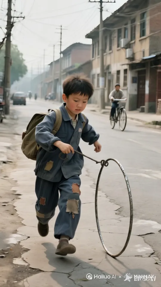 镜头移动，动态跟随，小孩高兴地推着铁环往前跑，突然两脚腾空，带着铁环向空中飞去，仿佛在空中踏出一条路。镜头移动，始终跟随小孩，从多角度展现小孩在空中滚铁环的场景。 by Hailuo AI Video Generator