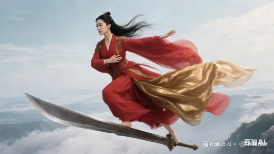 近景，特写。人物面部特写，仙侠美女，容貌极其美丽，像是刘亦菲，眼睛看着前方，若有所思，张开双臂，迎着风。身穿红金色长袍的美丽女性修真者，长袍夸张地飘荡，黑色长发飘扬，美丽，人侧身站立在高空中，双脚下踩着一柄巨大无比的长剑，悬浮在高空飞行，双手环抱在身前，仙侠大电影风格，玄幻，古朴，孤独，高清 by Hailuo AI Video Generator
