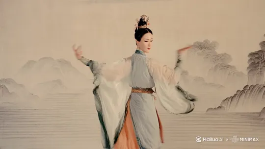 1. 风格类：古风仕女翩翩起舞，工笔画风  。强调画面呈现传统工笔画的风格，舞者为古代仕女。 by Hailuo AI Video Generator