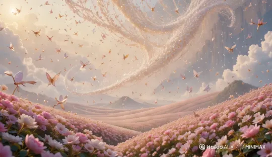 Pixar-style, ancient fantasy style, countless delicate flower hairpins (crystal, pearl, gold, and jade) floating gently in the soft golden air above endless blooming fields, forming a magnificent river of sparkling ornaments in the sky, dreamy, majestic, ethereal atmosphere, pastel colors, no modern elements, no characters, ancient Chinese fairy tale mood by Hailuo AI Video Generator