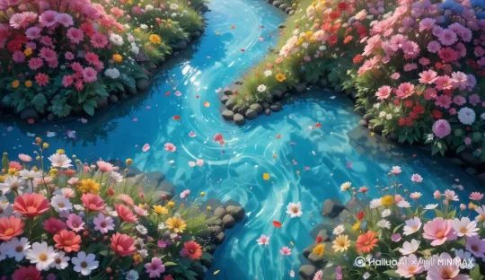 水清澈见底，流动，花随风摆动 by Hailuo AI Video Generator