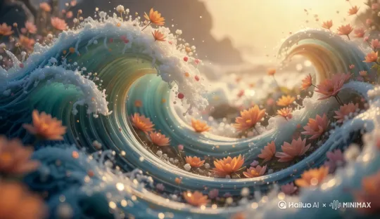 花朵随波浪起起伏伏，波浪流动起来，晶莹剔透 by Hailuo AI Video Generator
