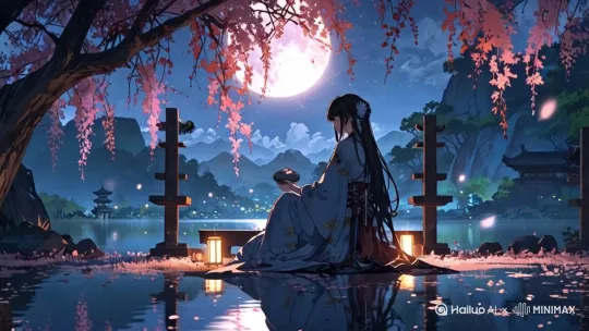 看着月亮散着月光，湖水微微荡漾，花树摇曳 by Hailuo AI Video Generator
