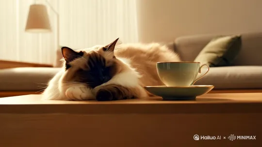 一只布偶猫在茶杯旁睡觉，猫咪睡梦中抖动猫爪，茶杯放在北欧客厅中，正面镜头，镜头推进，写实风格，温暖的氛围，清晨的阳光 by Hailuo AI Video Generator
