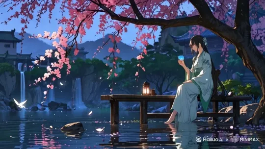 脚轻轻碰着水面，花枝摇曳，看向远山 by Hailuo AI Video Generator