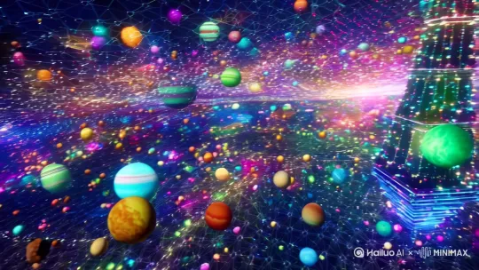无数颗各种各样的色彩星球复杂的城市几何结构不断变化，仿佛在四维空间中展开。光影交错，空间扭曲，音效从四面八方传来，让你感受到一种前所未有的沉浸感。随着视频的推进，你将发现自己仿佛置身于一个无限扩展的宇宙中，时间和空间在这里失去了意义，只有无尽的探索与发现 by Hailuo AI Video Generator