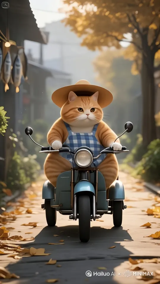 秋日的暖阳轻柔洒落,橘猫戴着宽边草帽,身着蓝白格子围裙,稳稳跨坐在复古蓝的电动车上。它双爪有力握住车把,眼神专注地望向前方。启动车子后,电动车轻盈提速,橘猫随着车速微微前倾身子,腹部的赘肉也跟着轻轻晃动。街道两旁金黄的树叶簌簌飘落,在车轮下飞速掠过,橘猫享受着风在耳边呼啸,宛如一位急切奔赴美好旅程的行者,向着前方快速驰骋而去。 by Hailuo AI Video Generator