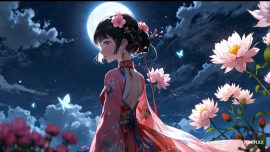 Pixar-style, ancient fantasy setting, a lone flower fairy（lose-up of ancient Chinese flower queen with thousands of elegant flower hairpins and pearl tassels in high cloud bun, glowing lightly with spiritual energy, delicate rosy lips with vermillion mark, porcelain skin, eyes lifted gracefully, fantasy beauty） standing under a giant full moon on a mountaintop, petals and hair flowing in the breeze, soft bluish tones, no buildings, mystical and lonely atmosphere" by Hailuo AI Video Generator