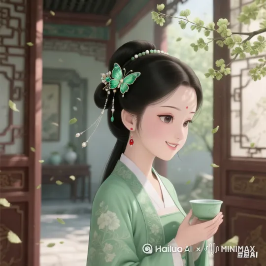 叶子随风飘动，人物的手慢慢抬起喝茶，镜头向后推，展示脸部细节 by Hailuo AI Video Generator