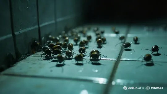 俯拍特写镜头，湿润瓷砖缝隙中缓慢钻出大量密密麻麻小虫，天花暖光下空间压迫 by Hailuo AI Video Generator