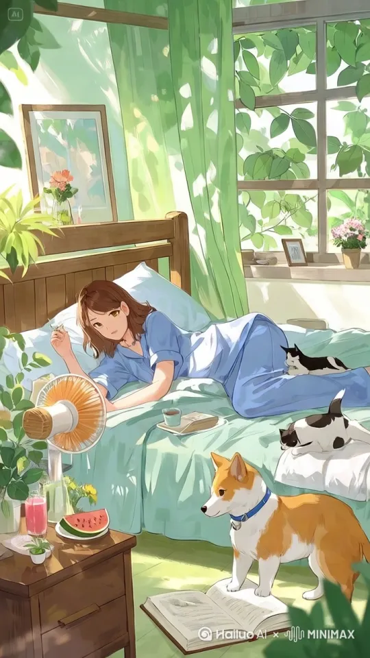 窗帘儿随风飘动，风扇在转，两个小狗也在动，自然的风吹过女孩很暇意。 by Hailuo AI Video Generator