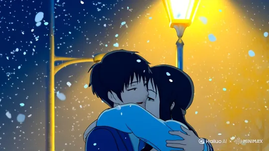 头，埋设钩子）；第 2 - 4 秒，两人拥抱动作舒缓，雪花环绕（运动机制：雪花环绕），镜头小范围环绕两人（运镜方式：环绕）；第 4 - 5 秒，镜头拉远，展现两人在雪夜街灯下的剪影，余韵悠长（节奏收束）。整体风格融合岩井俊二唯美与新海诚光影，色彩为蓝黄对比（色彩风格：蓝黄互补）（风格化：唯美浪漫）。（主体一致性：男女服饰、表情、动作连贯自然）（陪体一致性：街灯、雪花状态稳定）（负面控制：no blur, no 跳帧，no 表情错乱，no 场景跳变）。 by Hailuo AI Video Generator