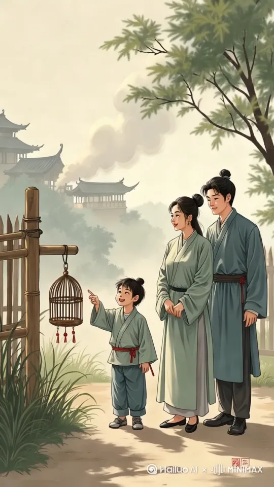 竹篱笆外炊烟袅袅，孩子挂着泪珠仰头指向晾晒的竹编蟋蟀笼，父母相视而笑的面部留白处理。 by Hailuo AI Video Generator