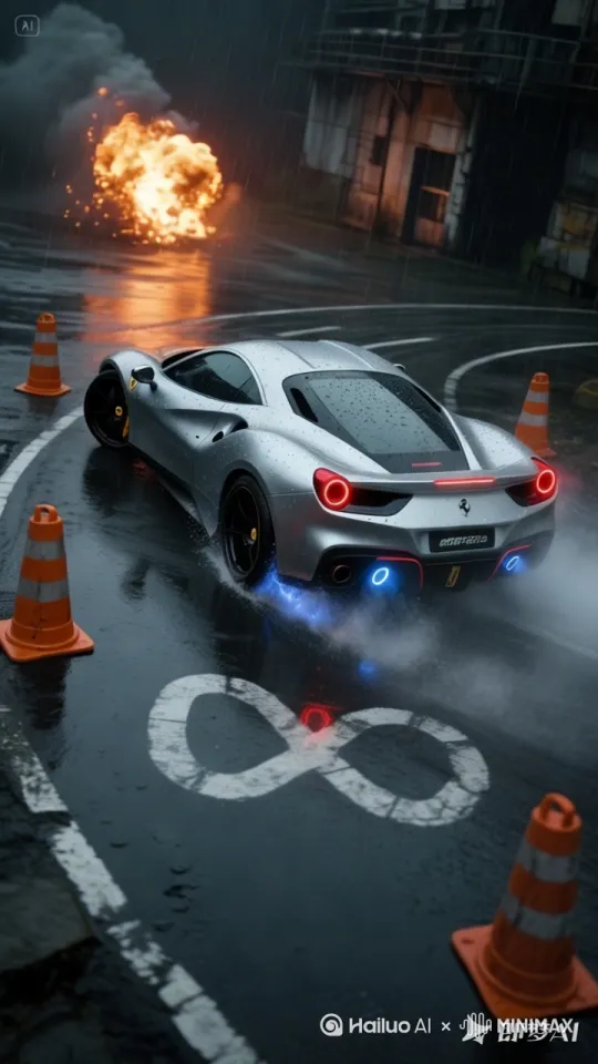 主题：Ferrari 488 Pista 20秒极限漂移全记录  
画面描述：  
[场景]  
- 地点：废弃工业区柏油路，地面有潮湿反光，背景生锈铁架+破碎混凝土墙  
- 天气：暴雨刚停，乌云密布，地面水洼反射车尾灯红光  

[车辆设定]  
- 车型：哑光黑法拉利488 Pista，黄色刹车卡钳，碳纤维宽体套件  
- 动态：  
  1. 直线加速至120km/h后急刹转向  
  2. 连续漂移绕过3个橙色路障筒（间距10米）  
  3. 漂移结束瞬间车头调转180度急停  

[镜头序列]  
0-4秒：车内视角（方向盘急速转动+转速表爆表特写，雨滴打在挡风玻璃）  
5-9秒：低机位跟拍（轮胎压过水洼溅起水幕，车身与水幕形成剪影）  
10-14秒：无人机俯冲镜头（车辆漂移画"∞"字胎痕，带地面水渍飞溅轨迹）  
15-18秒：慢动作环绕（后轮空转扬起水雾，排气管喷出蓝色火焰）  
19-20秒：车头LOGO定格（引擎盖雨滴滑落特效，背景爆炸火光慢镜头）  
全部20秒
[特效参数]  
- 动态模糊：80%（高速运动模糊）  
- 粒子效果：雨雾/火焰/水花三层次叠加  
- 色调：暗黑风格，高光保留车灯暖黄与水洼冷蓝对比  

[音效指令]  
- 背景声：V8引擎嘶吼+泄压阀"呲呲"声由弱到强  
- 增强：轮胎压水声由低频闷响转为高频溅射  
- 结尾：爆炸声后突静，保留雨滴声+引擎怠速震动音     一共20秒 by Hailuo AI Video Generator
