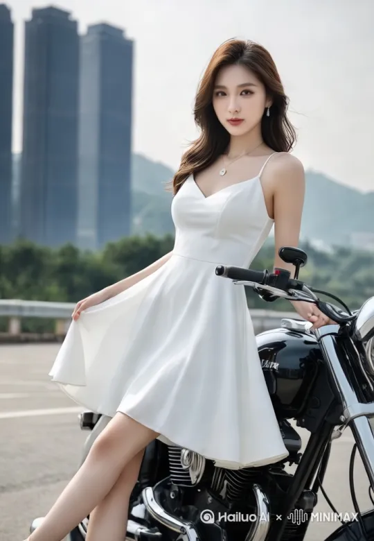美女戴上头盔，戴上骑手专用赛车手套，骑上摩托，飞跃过障碍，之后落在摩托车上，手握紧把手，脚夹紧摩托车身，一路骑行，转几圈后，稳稳停在原处！面向镜头，手摘头盔微笑！#电影品质#摄影棚效果#C4D[右移,左摇,跟随] by Hailuo AI Video Generator