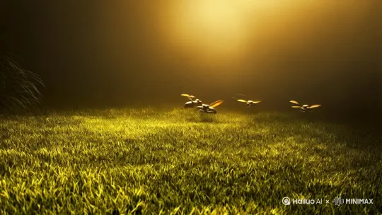 描述营造了一种静谧而略带科幻氛围的场景。昏黄的灯光洒在草丛上，柔和的光线映照出草丛中机械昆虫的身影，它们在草丛间飞舞，仿佛在执行某种神秘的任务。

这种场景让人联想到未来世界或某种高科技环境下的自然景象。机械昆虫的设计可能融合了自然与科技的元素，既保留了昆虫的灵动与优雅，又增添了机械的精密与力量。

如果你对这种场景感兴趣，可以进一步想象这些机械昆虫的用途、来源，或者它们与周围环境的关系。或许它们是某种环保项目的一部分，负责监测植物的健康状况；或许它们是某种艺术装置，旨在引发人们对科技与自然关系的思考。 by Hailuo AI Video Generator