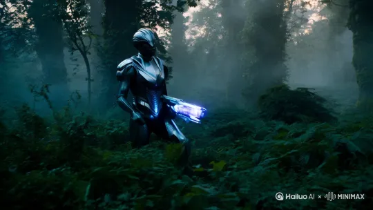 一名外星人战士，走在树林子里面，拿着能量武器准备埋伏敌人 by Hailuo AI Video Generator