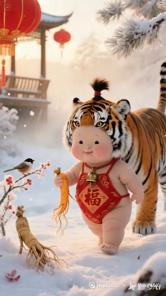 "Chinese New Year theme, ultra HD 8K, dynamic composition, A chubby ginseng baby with rosy cheeks wearing traditional red embroidered bellyband riding on a majestic Siberian tiger, the tiger walking gracefully through snow-covered pine forest, morning golden light filtering through rime-covered branches, traditional paper lanterns hanging on ancient pavilion in background, floating ginseng flower particles with subtle glow, warm color palette dominated by crimson and golden hues, soft focus foreground with detailed tiger fur texture, cheerful atmosphere with flying red ribbons, cinematic lighting, Chinese ink painting style blended with 3D rendering, trending on artstation, unreal engine 5, octane render, depth of field"

三、关键元素解析：
1. 文化符号：红肚兜（吉祥）+铜铃（驱邪）+雾凇（东北特色）
2. 生物特征：人参娃娃（半透明皮肤质感）+东北虎（冬季加厚毛领）
3. 光影设计：晨光逆光拍摄突出毛发细节+灯笼暖光源补光
4. 动态细节：虎掌踏雪痕迹+肚兜丝绸反光+呼吸产生的白雾
5. 构图技巧：三分法布局（主体偏右）+引导线（松枝指向观虎亭） by Hailuo AI Video Generator