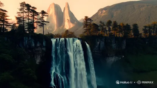 晨曦，高山 瀑布，飞鸟 松树 by Hailuo AI Video Generator