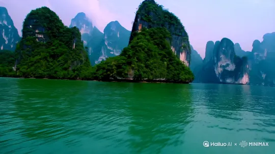 一段超速POV镜头：摄像机疾驰穿越桂林山水中水面之上，镜头紧跟着一个在空中飞行的白色休闲装的中国女子的背后，她身体前倾展开双臂，风吹动她的头发和衣服，双腿施展轻功，以超音速向前飞翔。 by Hailuo AI Video Generator