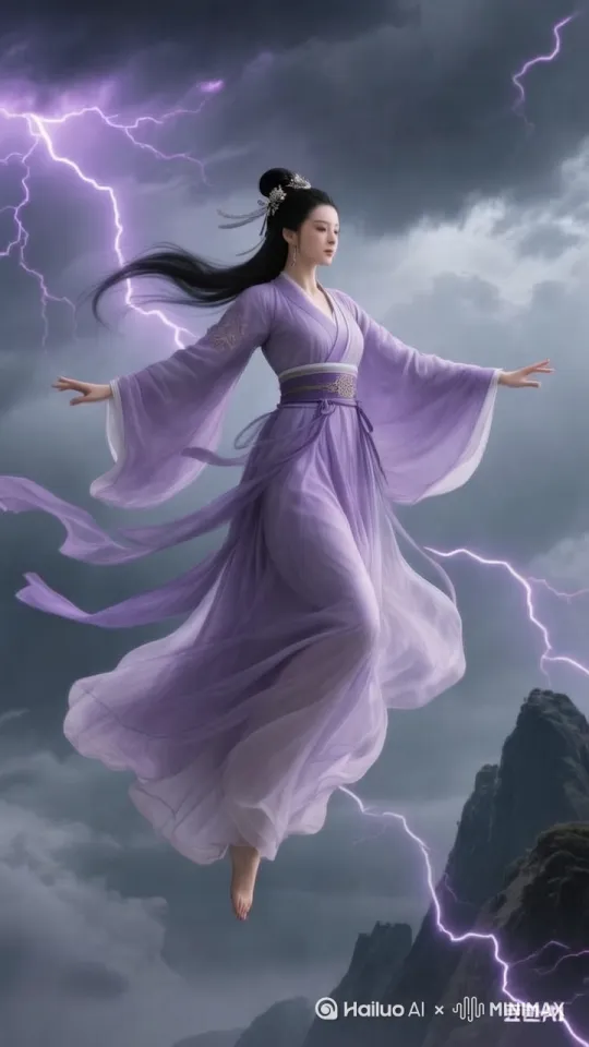 无人机视角，背景动态模糊，一个高速移动的画面，画面中影视。穿着国风汉服的女人。背身凌空飞行。 by Hailuo AI Video Generator