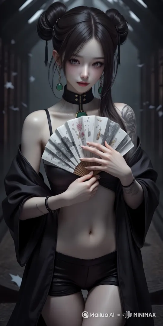 轻微扭动身躯，微微煽动手中的扇子，镜头由远向前[推进][右移,左摇,跟随]，挥动扇子轻微扭动腰肢起舞 by Hailuo AI Video Generator