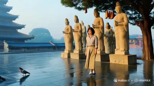 西安大雁塔的琉璃檐角在晨雾里若隐若现，青石板路上还凝着露水。雕塑群静默在菩提树荫下闭目祷告。
女模特身穿淡灰衬衣和卡其色亚长裙，行走到一尊菩萨像前驻足虔诚凝望。晨光给菩萨石像镀上流动的金，菩提叶影在石像肩头摇晃。当雁塔檐铃忽然惊起灰鸽，女模特侧耳的模样，恍如听见了贞观年间的凿石声正穿透时空而来。 by Hailuo AI Video Generator