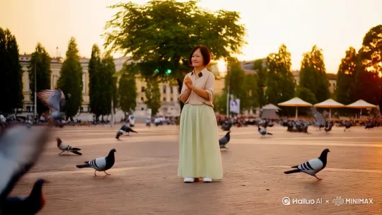 夕阳下，广场的鸽子自由自在的或飞翔、或觅食，女模特身穿淡米黄色衬衣、淡绿色裙子，随着音乐的节奏，轻盈的舞蹈。镜头从广角远景拉至模特矜持微笑的面部。 by Hailuo AI Video Generator