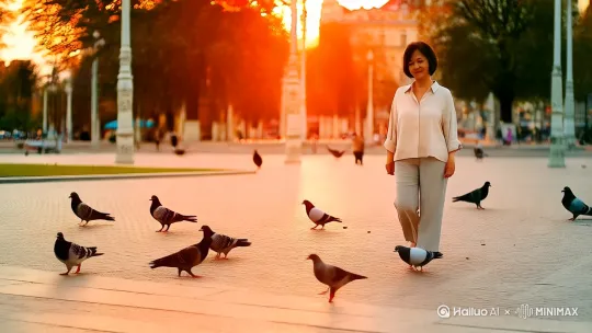在清晨的橘红色阳光下，广场的鸽子自由自在的或飞翔、或觅食。一位女士逆着阳光身穿淡米黄色衬衣、淡灰色的裤子，披着霞光，迈着轻盈的脚步从容又来。镜头从广角远景拉至模特矜持微笑的特写面部。 by Hailuo AI Video Generator