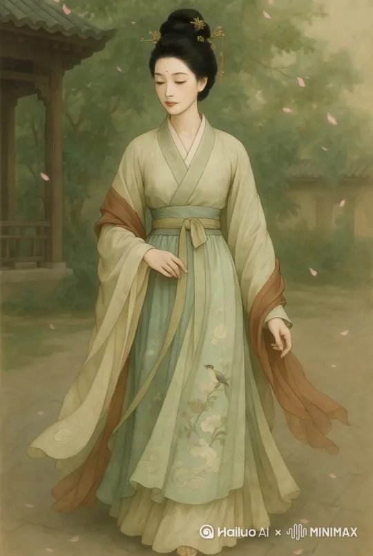 镜头以柔和的渐变开启，从庭院的静谧全景缓缓切入，先捕捉飘落花瓣与庭院古意的画面，再平滑推近至仕女身旁，聚焦于她细腻的服饰绣纹和温婉神情，随后采用轻轻摇摄运动，展现随风轻拂的步伐与飘逸衣摆，营造出一幅动静结合的宋代意境。 by Hailuo AI Video Generator