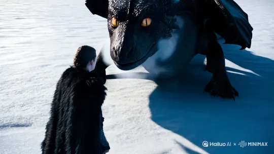[下降,上摇]身披黑色毛皮斗篷的武士对峙巨龙，[前拉]雪原战场，电影级光影，超精细写实奇幻场景 by Hailuo AI Video Generator