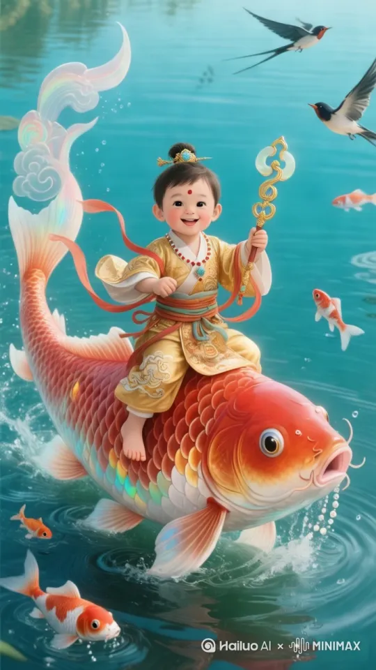 所有小锦鲤都在四周游来游去。画质清晰，真实性，鳞片采用数字水墨渐变
尾部结合祥云纹透明特效
鱼鳍附带水波纹发光效果，鲤鱼从水面跃出带起珠帘状水花
锦鲤都游动起来，鸟儿在天空中飞来飞去，水波粼粼，荡起一波波涟漪，小萌娃眼球转动散发着智慧和灵气，脸部表情逼动，身上衣裳随风微动，彩虹飘动，画面由近及远，坐下的大锦鲤在左右摆动着尾巴，大锦鲤会在可见的视线内游来游去。
小萌娃手里会一直拿着玉如意的，不会松开手，
小萌娃在嘴里说着什么：嗨！在忙什么呢，有没有想我，我可是真的…真的很想你，也不来个信息问下我过的怎么样，再这样，我就生气了，这回可是真生气，哼，是没有五根火腿肠跟一杯酸奶哄不好的那种生气哟。 by Hailuo AI Video Generator