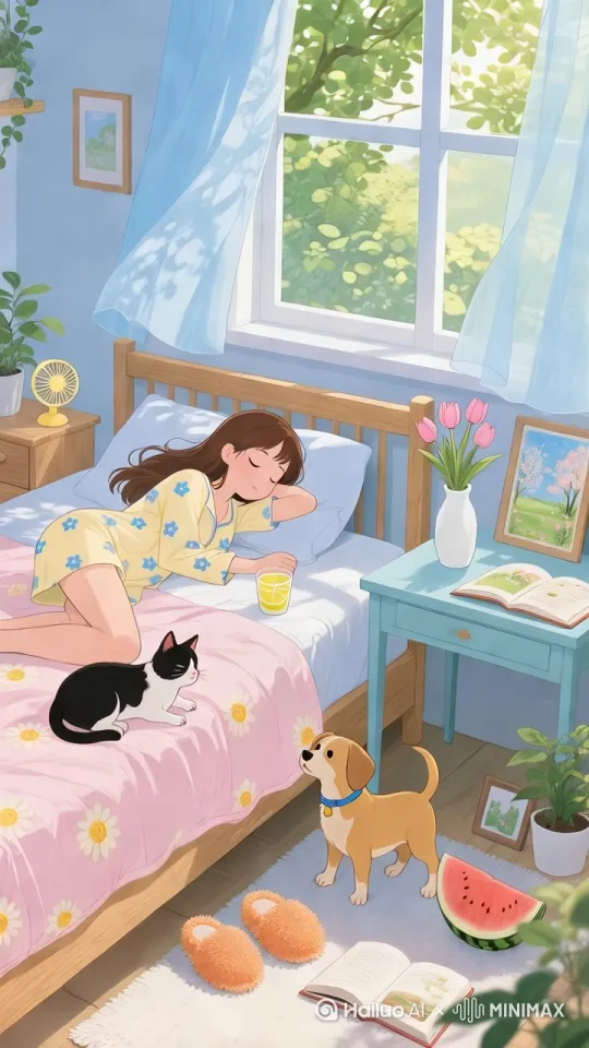 窗帘自然飘动，小猫小狗轻摇尾巴，忽闪着眼，风扇呼呼转着，女孩被风吹着头发，美美的睡着。 by Hailuo AI Video Generator