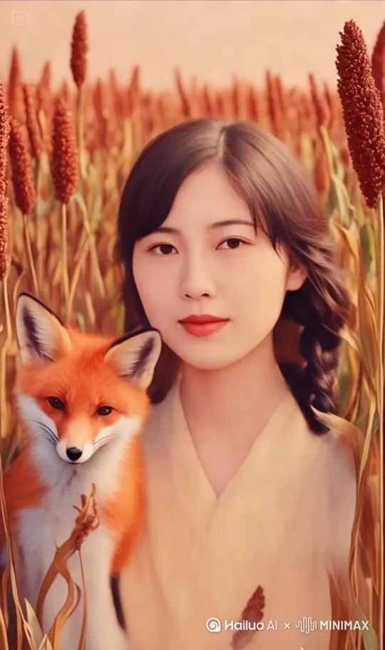 傍晚年轻女子慢步在红高粱地，运镜眼睛的目光眺望远方，看着跑来一只小狐狸，年轻女子抱起了小狐狸，运镜随女子的目光远望 by Hailuo AI Video Generator