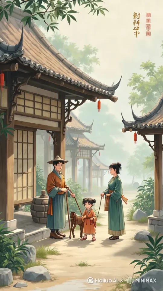 水墨晕染的农家院全景：茅草屋檐垂着竹帘，石磨旁父亲扶犁而立，扎总角的小童攥着木马涨红脸跺脚，母亲青衫裙裾被风吹起。 by Hailuo AI Video Generator