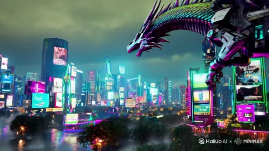 A cyberpunk mechanical dragon with glowing scales and exposed metallic joints, flying through a neon-lit futuristic city with holographic billboards and raining streets, cinematic lighting, ultra-detailed 8k, dynamic angle from below, motion blur on wings, sparks from tail flames, Unreal Engine 5 rendering, trending on ArtStation --ar 9:16 --s 750 --style raw --niji 6 by Hailuo AI Video Generator