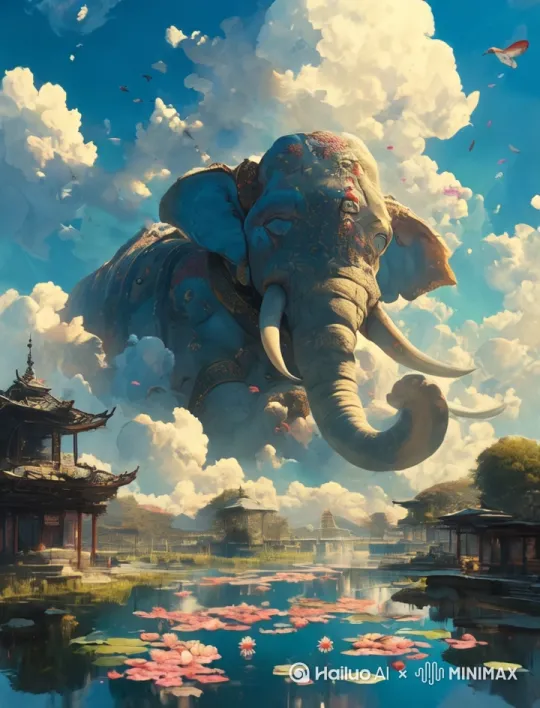 大象走向镜头，水面荡漾 by Hailuo AI Video Generator
