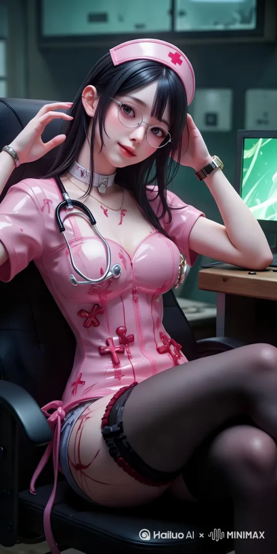 办公椅上的护士双手抱着头舒服靠着椅子上，面带微笑，双脚一登，坐着办公椅椅向前滑动着镜头靠近[推进]，镜头到了角色面前后[镜头旋转360度]到角色背后[拉远] by Hailuo AI Video Generator