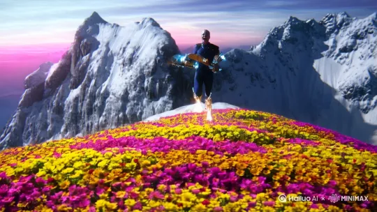 制作一段视频音频，内容是在一个山峰之巅一个宇宙人类手拿两把锟斤拷，口中直呼烫烫烫，脚踏千朵屯屯屯，笑看万物锘锘锘 by Hailuo AI Video Generator
