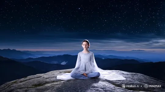 年轻人做在山顶打坐，月光洒下，宇宙智慧化成一束光，从头部融入他的身体 by Hailuo AI Video Generator
