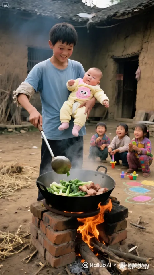 少年怀抱婴儿，一边翻炒着菜，锅里热气腾腾，灶台里柴火旺盛，后面几个小伙伴各自玩着 by Hailuo AI Video Generator